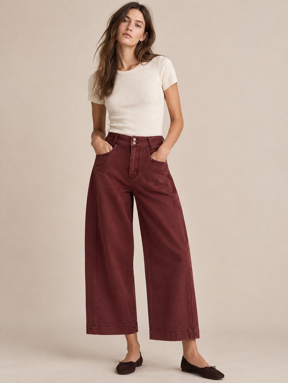Super Wide Leg Cropped Jeans Burgundy Rust High Rise Side Seam Detail Denim Med